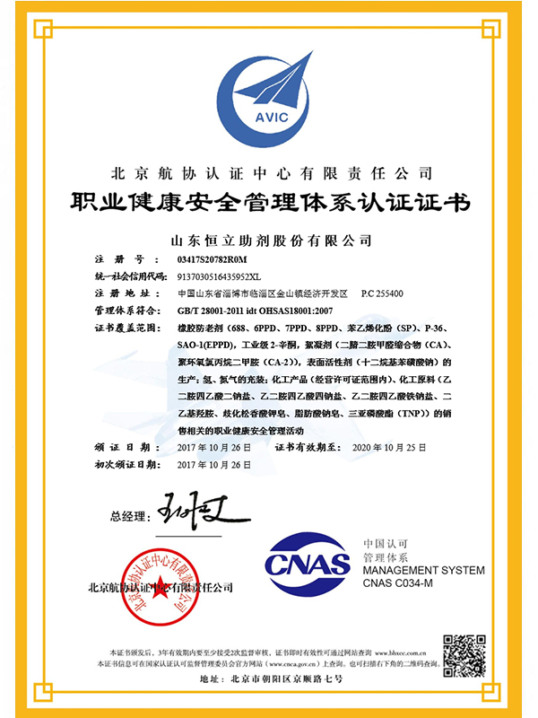 職業(yè)健康安全管理體系證書(shū)